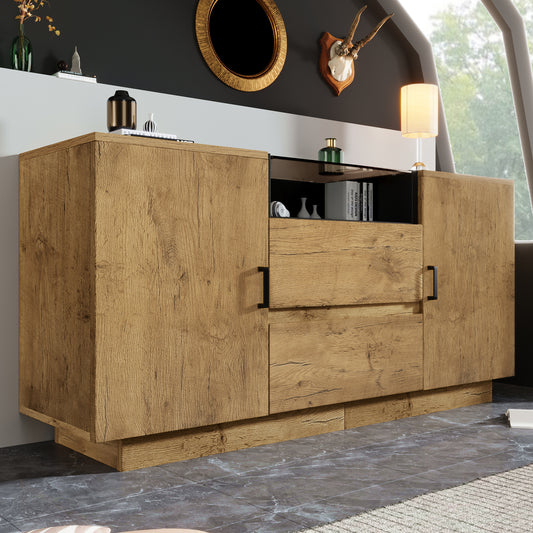 Gigab2b original image - Eichenoptik Kommode Sideboard mit 2 Schubladen + 2 Schränken (innen höhenverstellbar) & offenem Fach - ESG-Glas & schwarze Griffe, H70/B140/T40 cm
