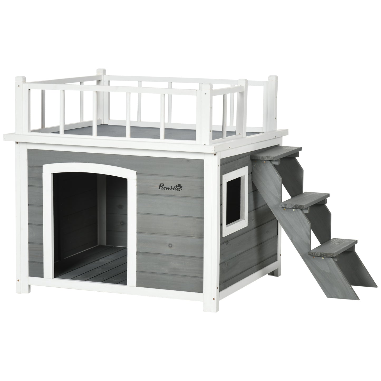 Gigab2b original image - Hundehütte Hundehaus mit Balkon und Treppe, erhöhtes Kleintierhaus mit Fenster für mittelgroße & große Hunde aus Tannenholz