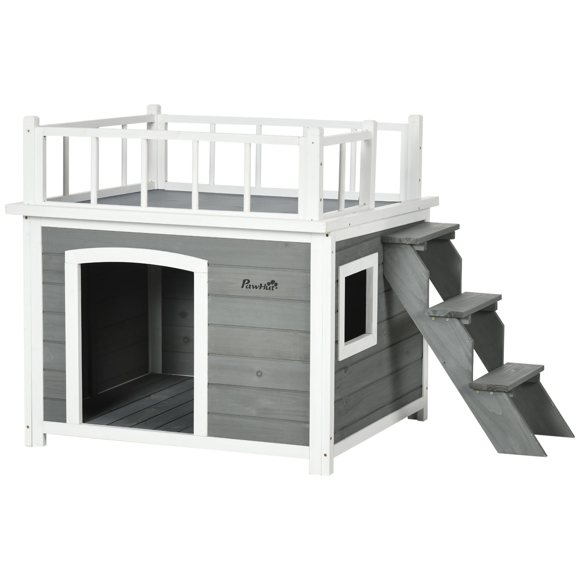 Gigab2b original image - Hundehütte Hundehaus mit Balkon und Treppe, erhöhtes Kleintierhaus mit Fenster für mittelgroße & große Hunde aus Tannenholz