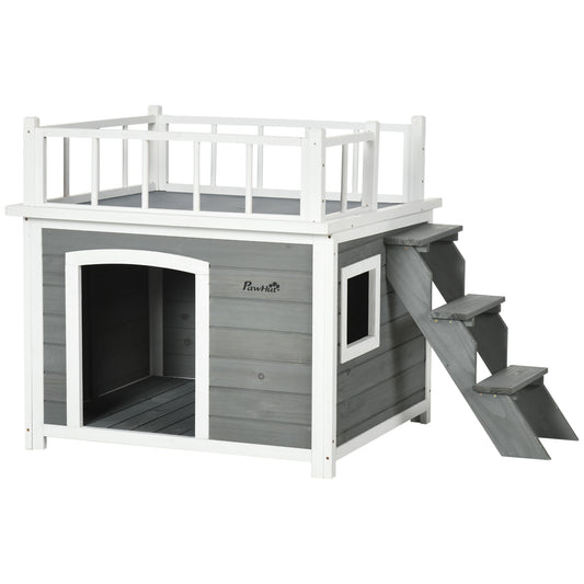 Gigab2b original image - Hundehütte Hundehaus mit Balkon und Treppe, erhöhtes Kleintierhaus mit Fenster für mittelgroße & große Hunde aus Tannenholz