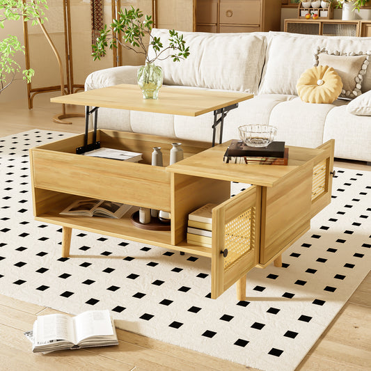 Gigab2b original image - Eleganter Couchtisch mit anhebbarer Tischplatte und Rattan-Türen, Holzfarbe mit schwarzen Akzenten, ideal für das Wohnzimmer – Praktischer Stauraum und funktionales Design