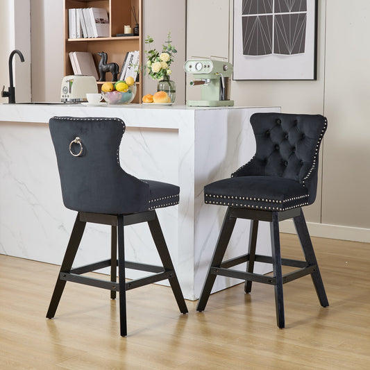 Gigab2b original image - Swivel Velvet Barstools with Button Tufted Decoration and Wooden Legs, and Chrome Nailhead Trim, Leisure Style Bar Chairs,Bar stools, Set of 2 (Black),DE1860BK