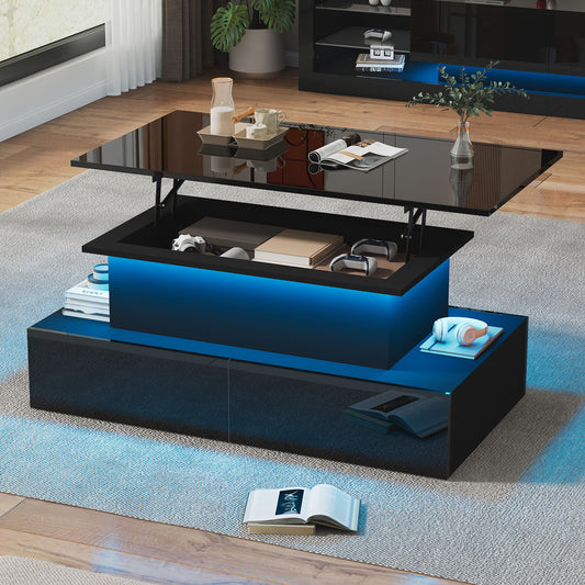 Gigab2b original image - Moderner schwarzer Hochglanz-Couchtisch mit LED-Beleuchtung und 4 Schubladen - Stilvoller Beistelltisch 90x55x41 cm mit Stauraum für bis zu 30 kg