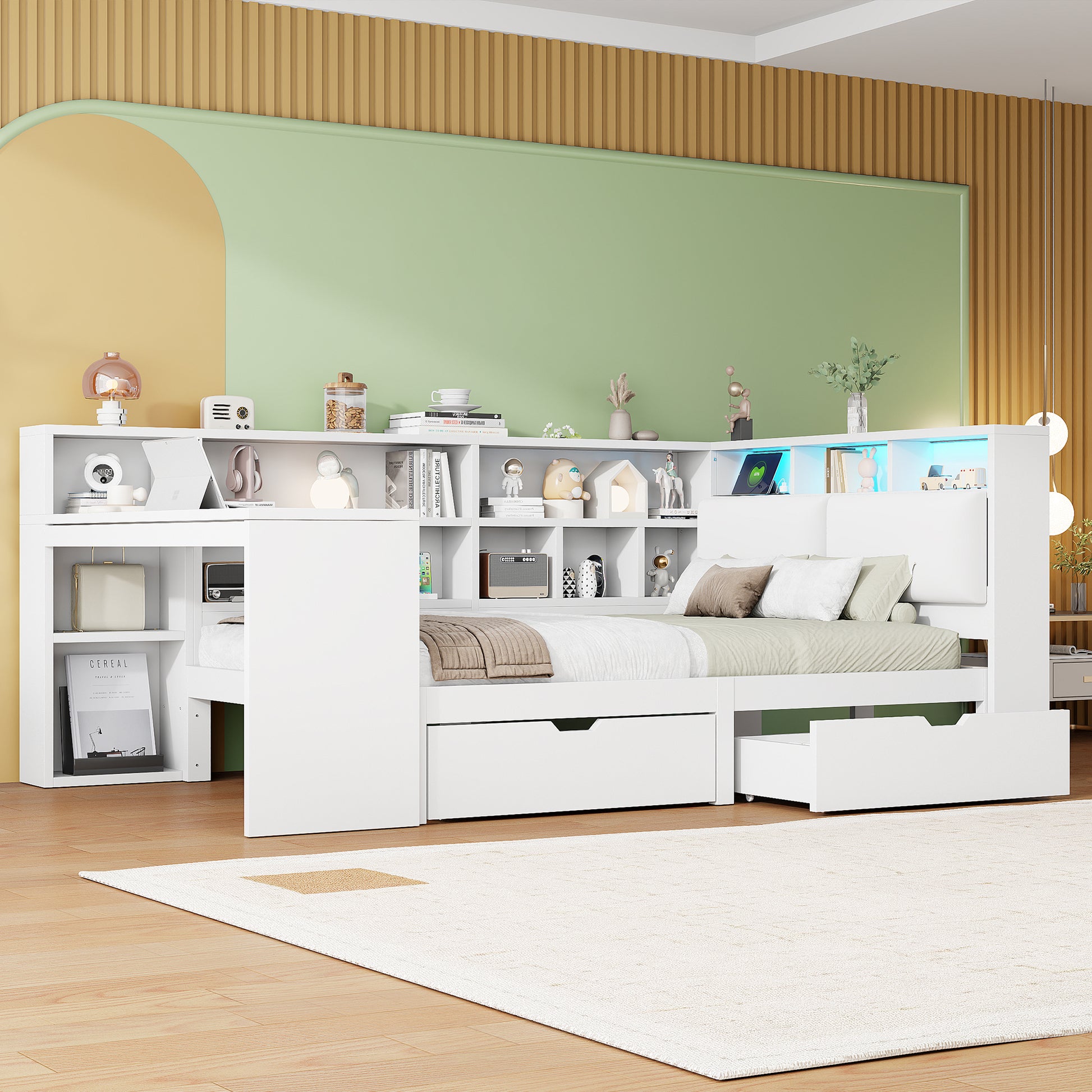 140x200 L-förmiges Holz-Plattformbett mit Schreibtisch und Bücherregal, Eck-Kapitänsbett mit gepolstertem Kopfteil, Schubladen unter dem Bett, LED-Licht - Weiß