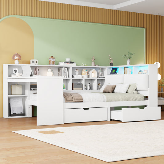 140x200 L-förmiges Holz-Plattformbett mit Schreibtisch und Bücherregal, Eck-Kapitänsbett mit gepolstertem Kopfteil, Schubladen unter dem Bett, LED-Licht - Weiß
