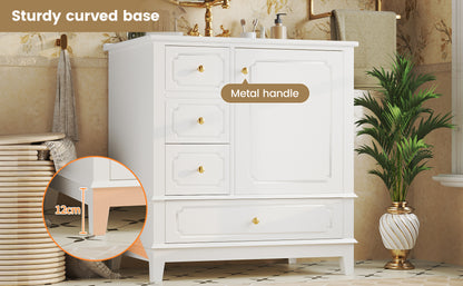 Badezimmer Waschbeckenunterschrank 76,5cm mit Keramikwaschbecken & Goldgriffen – Antibakteriell, mit Überlaufloch & viel Stauraum Weiß