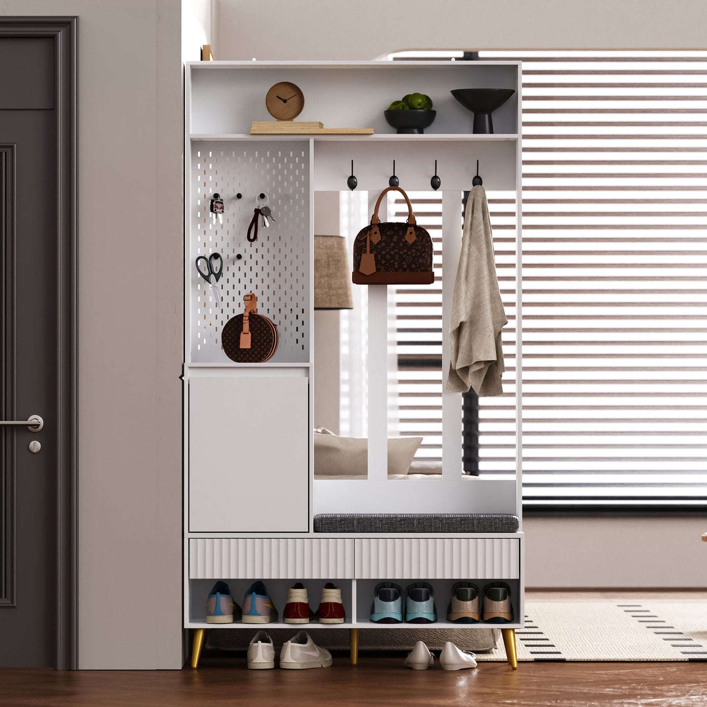 Gigab2b original image - Garderoben-set, Wandgarderobe, Flurgarderobe Set mit Schuhbank, Garderoben Set mit 4 Kleiderhaken, zwei Schubladen und 1 Türen, Weiß,100 Lx35Bx180H cm