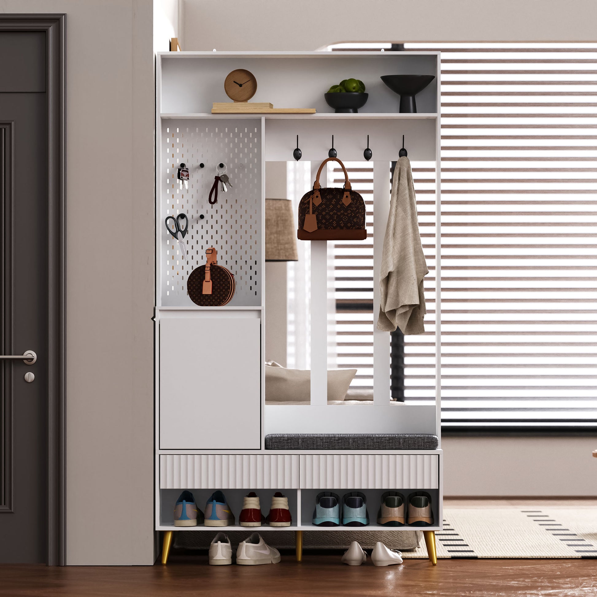 Gigab2b original image - Garderoben-set, Wandgarderobe, Flurgarderobe Set mit Schuhbank, Garderoben Set mit 4 Kleiderhaken, zwei Schubladen und 1 Türen, Weiß,100 Lx35Bx180H cm