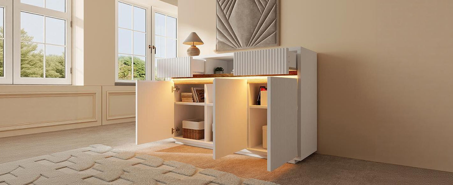 Sideboard Weiß mit LED 140x40x85 cm, Kommode mit 2 Schubladen und 3 Türen, Schrank mit verstellbaren Einlegeböden, moderner Wohnzimmerschrank Flur Küchenschrank