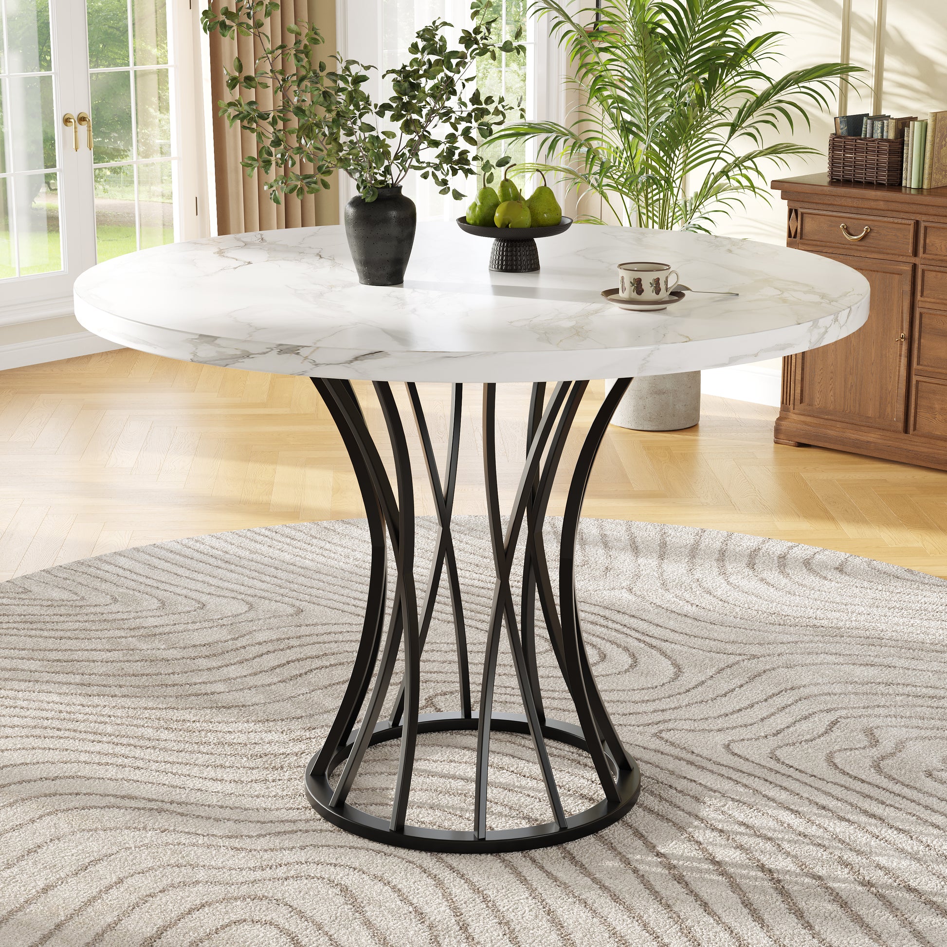 Gigab2b original image - Runder Esstisch (80 x 80 x 76 cm), leichter und luxuriöser runder Tisch für 4-6 Personen, geeignet für Esszimmer und Wohnzimmer, MDF marmorierte Tischplatte, schwarze Beine
