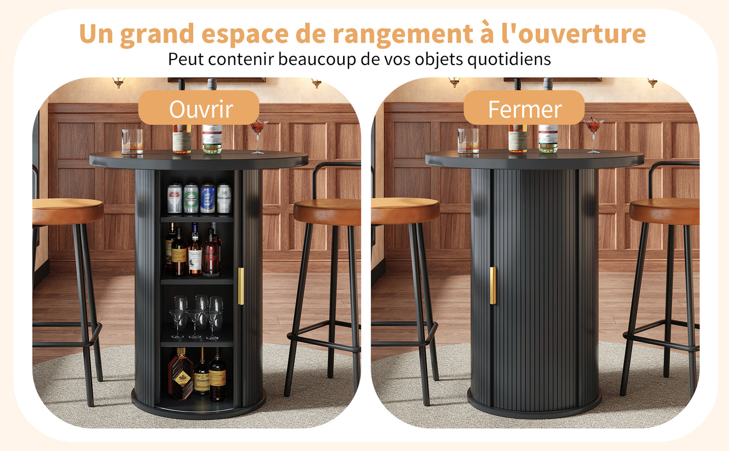 Bartisch-Set mit 2 Barhockern, Runder Stehtisch mit Stauraum & 2 ergonomischen Barhockern, MDF Holzoptik, für Bar & Wohnzimmer
