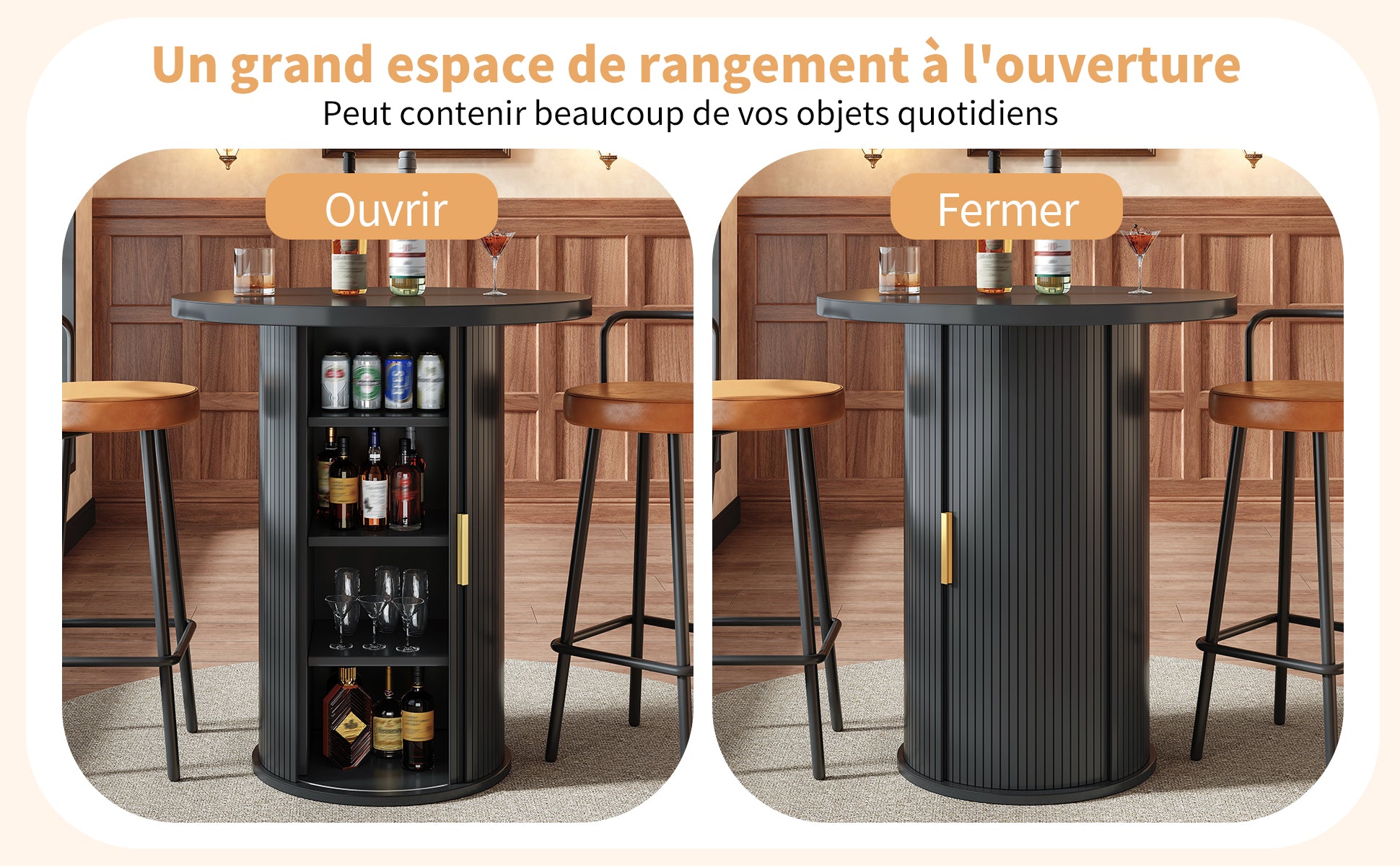 Bartisch-Set mit 2 Barhockern, Runder Stehtisch mit Stauraum & 2 ergonomischen Barhockern, MDF Holzoptik, für Bar & Wohnzimmer