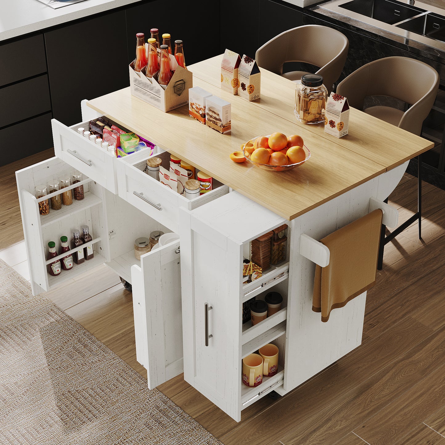 Gigab2b original image - Moderne Kücheninsel, Küchenschrank, buffetschrank, Speisewagen mit Holzmaserung, Multifunktionale Esstisch mit Speicherraum, Speisewagen mit Snackregalen und Stretchfunktionsschränken,weiß
