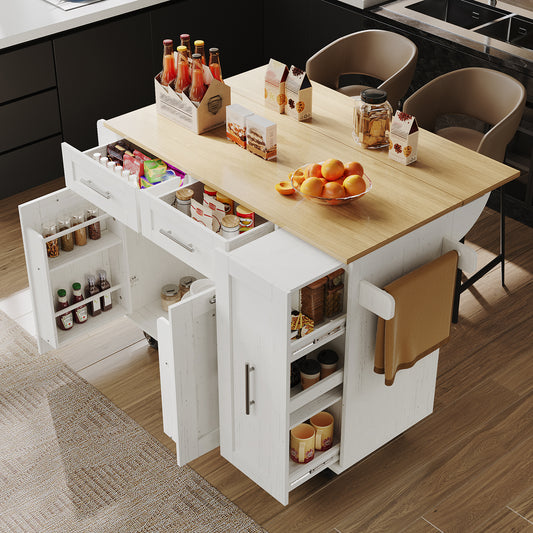 Gigab2b original image - Moderne Kücheninsel, Küchenschrank, buffetschrank, Speisewagen mit Holzmaserung, Multifunktionale Esstisch mit Speicherraum, Speisewagen mit Snackregalen und Stretchfunktionsschränken,weiß