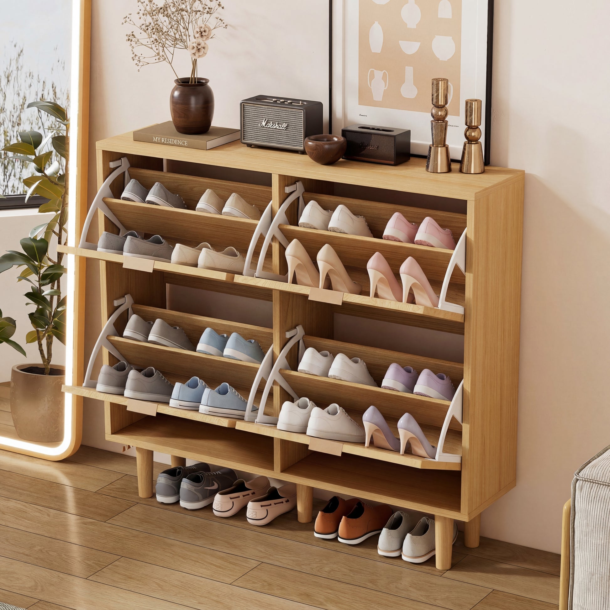 Gigab2b original image - Schuhschrank mit 4 Klappschubladen, Schuhkommode aus Rattan mit Metallgriffen, Schuhregal für Flur, Schlafzimmer, Wohnung,Holzmöbel, Landhausstil, Maße: 100 x 25 x 90 cm