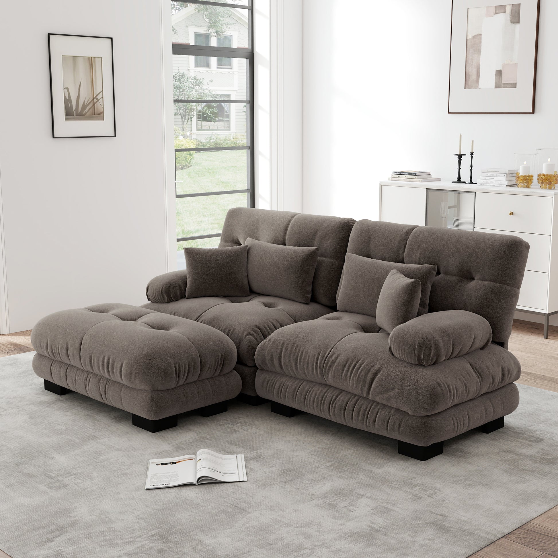Cloud Ecksofa für Wohnzimmer, Chenille Doppelsofa mit 2 Lendenkissen und 2 Dekokissen, Polstersofa mit breiten Armlehnen und Ottoman, Chenille Braun