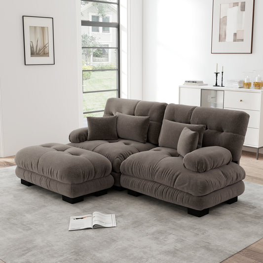 Cloud Ecksofa für Wohnzimmer, Chenille Doppelsofa mit 2 Lendenkissen und 2 Dekokissen, Polstersofa mit breiten Armlehnen und Ottoman, Chenille Braun
