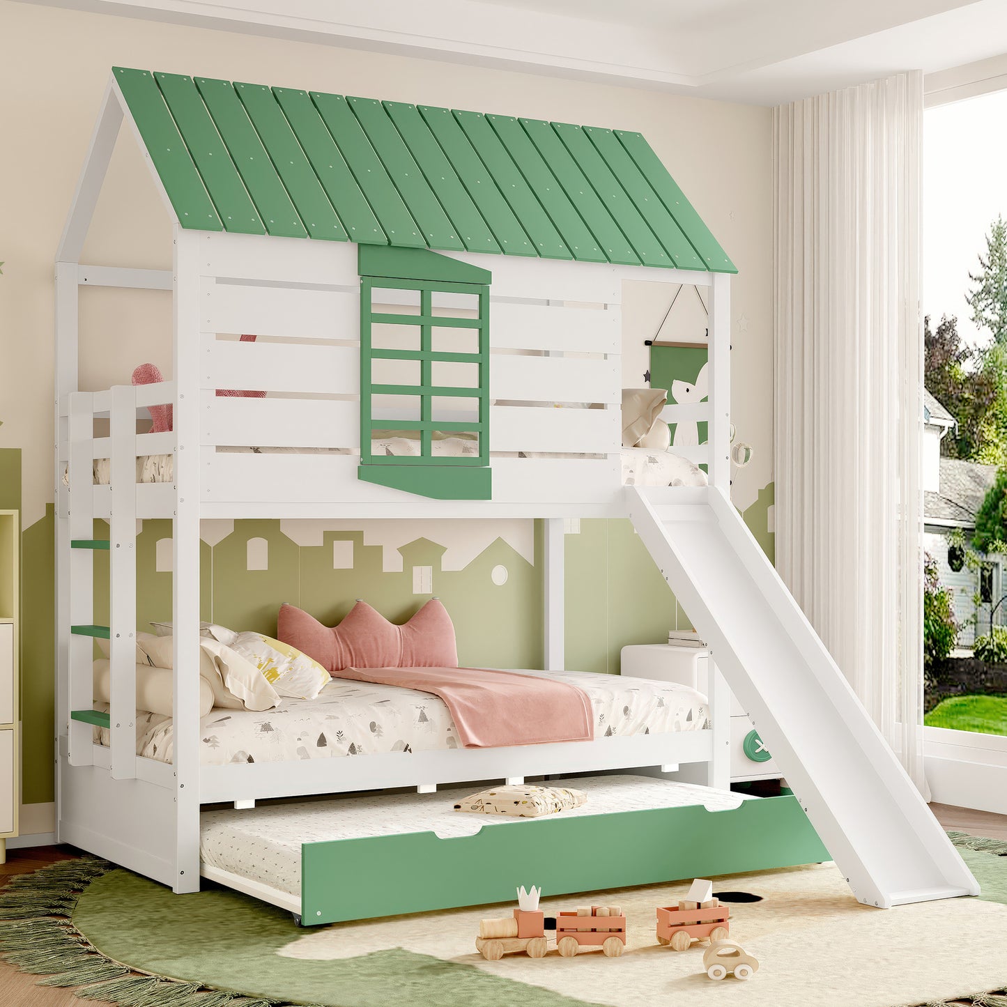 90X200 Haus-Etagenbett mit Rutsche und Ausziehbett, Weiß+Grün