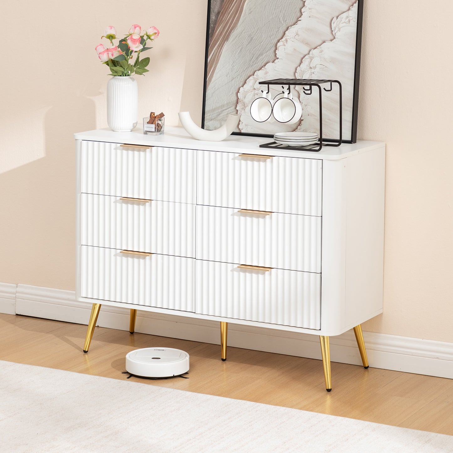 6-Drawer Dresser, Modern White Storage Chest with Metal Handles & Soft-Closing Slides, Sturdy MDF Bedroom Dresser for Living Room Hallway – Anti-Tip Device, 20cm Raised Legs for Robot Vacuum