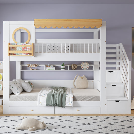 Gigab2b original image - Etagenbett, Kinderbett, Zwei Aufbewahrungsschublade mit Rollen, Mit Treppenschrank, Mit mit einer Reihe von 2 Meter langen Regalen, Seitliche Ablage, Kiefer + MDF , Weiß+Natur, 90x200cm