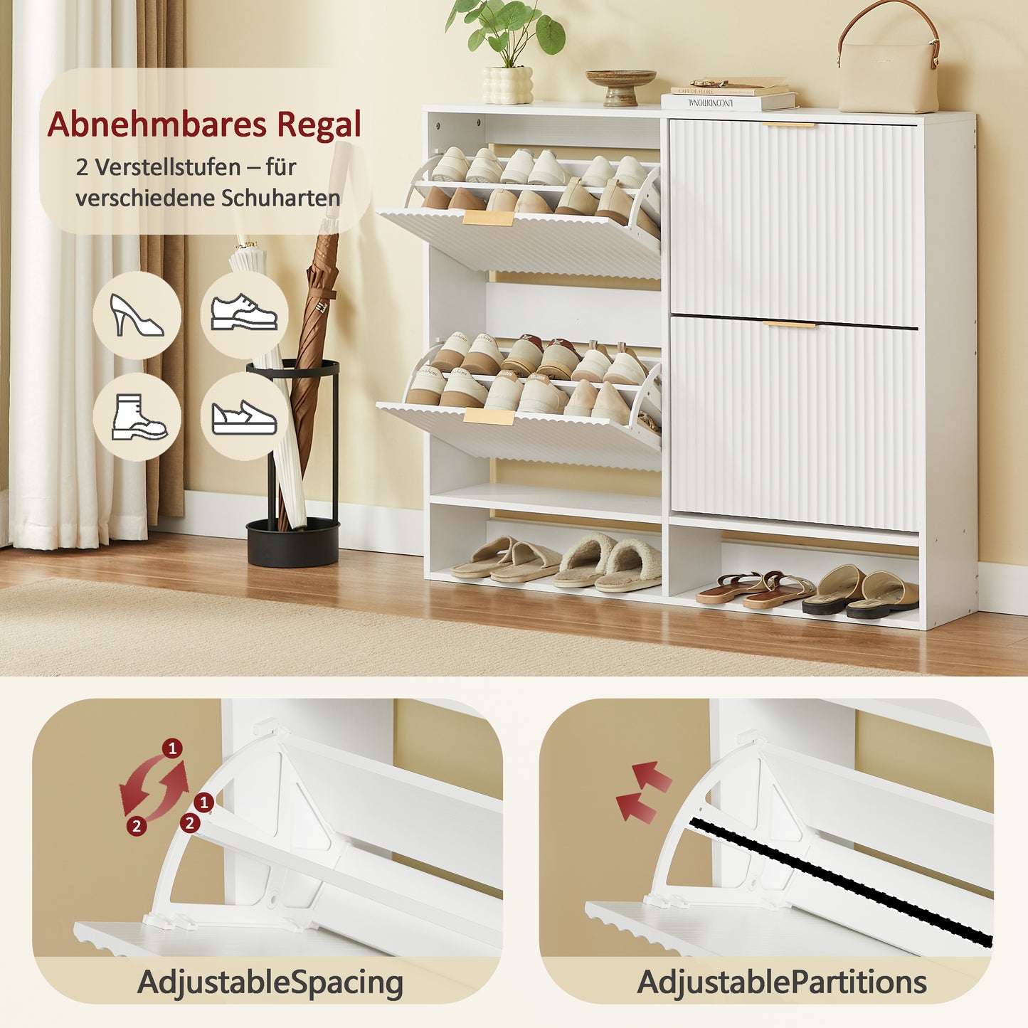 120 x 24 cm Schuhschrank mit Nutfront – Höhenverstellbar mit Kippschutz und Dekotisch für den Flur, in Weiß
