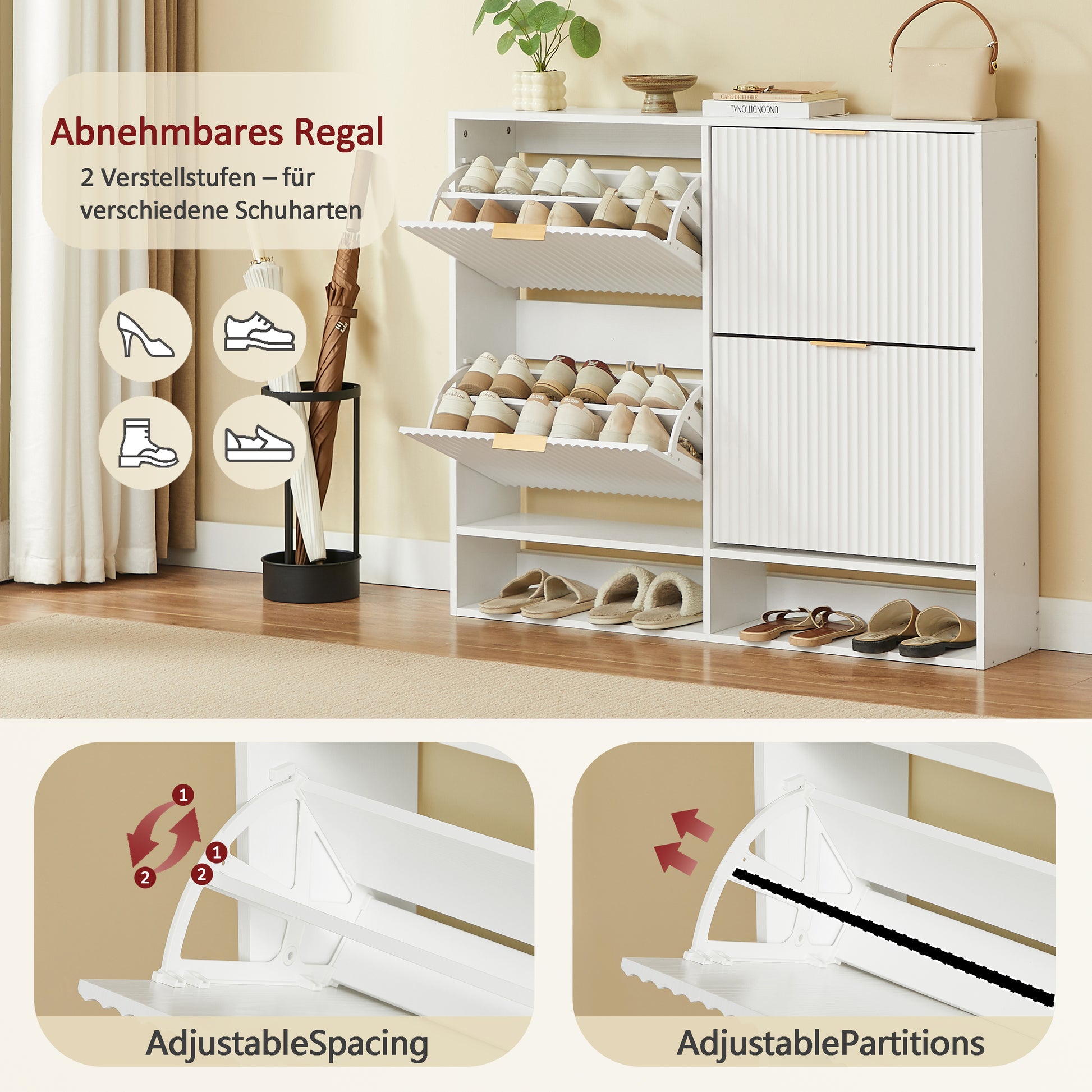 120 x 24 cm Schuhschrank mit Nutfront – Höhenverstellbar mit Kippschutz und Dekotisch für den Flur, in Weiß