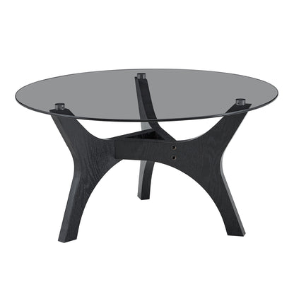 Runder Couchtisch mit Glasplatte, Moderner Wohnzimmertisch mit schwarzem Holzrahmen, Stabiler Kaffeetisch 80cm, Hitze- & Kratzfest, für Wohnzimmer, Büro & Lounge