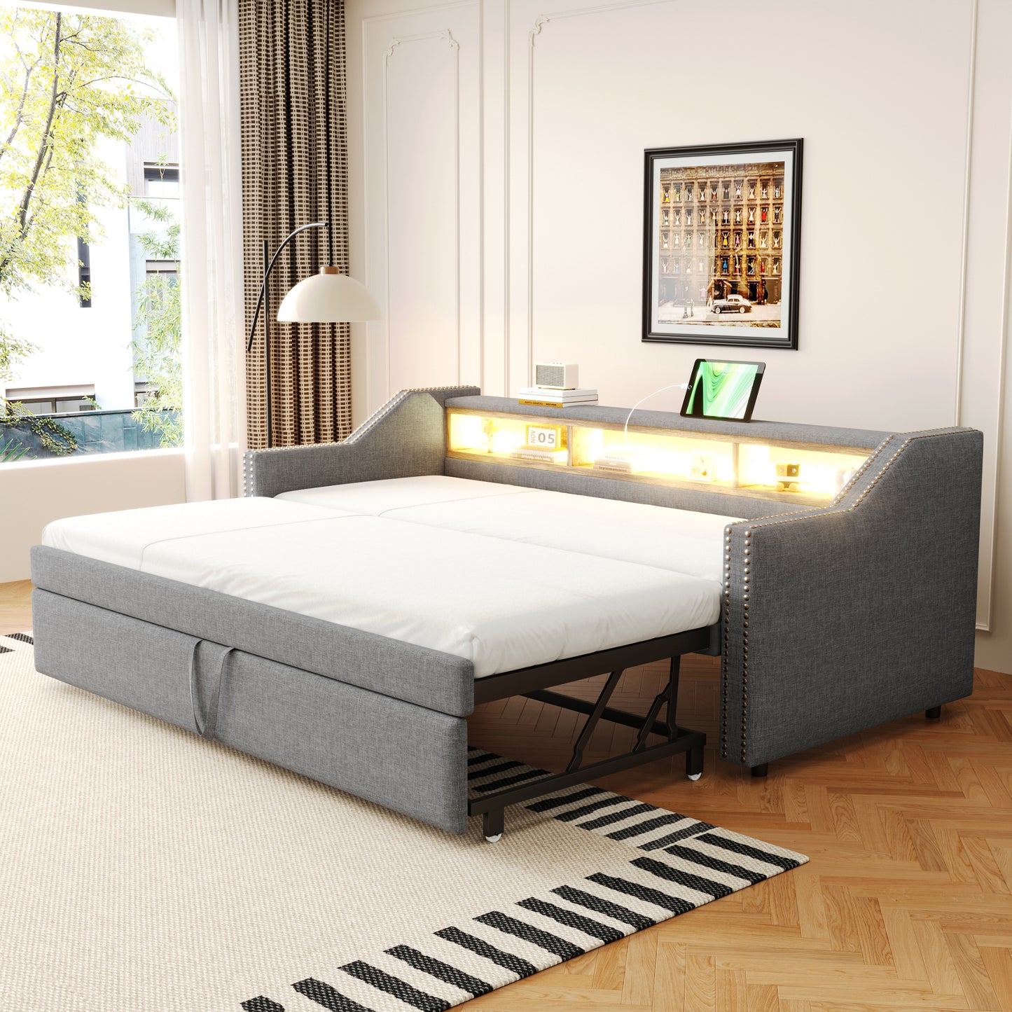 Gigab2b original image - Polsterbett Ausziehbares Schlafsofa 90/180 x 190 cm, Multifunktionales Staufach, LED-Licht und USB-Buchse, mit Lattenrost, Hellgrau