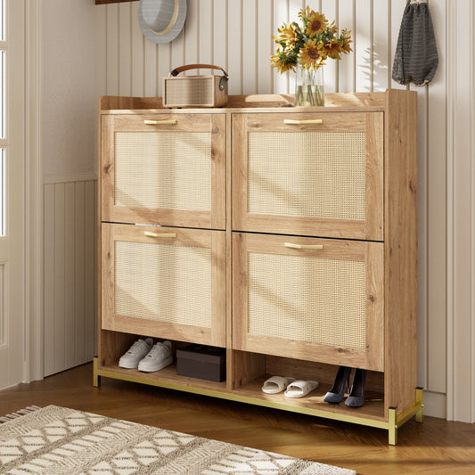Gigab2b original image - Eleganter Schuhschrank aus Holz mit Rattantüren – 4 Türen, Metallrahmen und oberes Regal für stilvolle und übersichtliche Aufbewahrung.