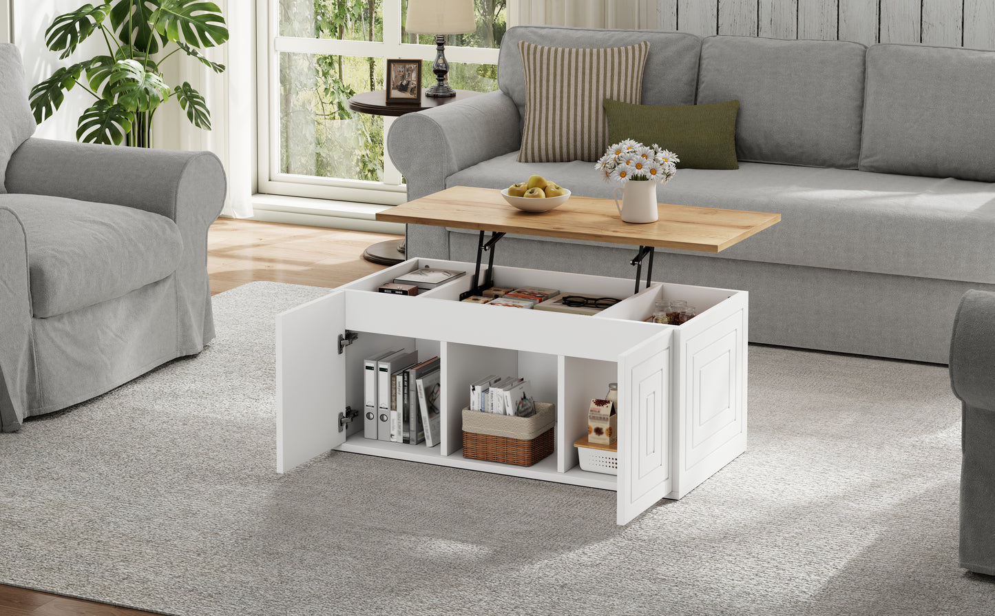 Wohnzimmer-Couchtisch, 46 x 95 x 45 cm, höhenverstellbar bis maximal ca. 59 cm, mit zwei Schranktüren und einem klaren, stromlinienförmigen Design.Beistelltisch aus Naturholz,Sofatisch, Schreibtisch
