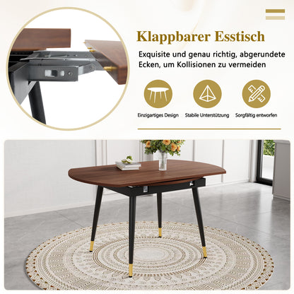 Moderner Ausziehbarer Esstisch, Verwandelt sich von Rund zu Oval, MDF-Platte in Schwarz/Nussbaum mit Gold-Akzenten, Stabile Metallbeine, Platzsparend für Küche & Esszimmer