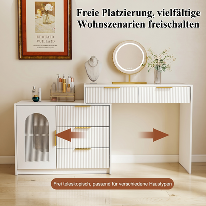 Moderner Schminktisch mit Glasplatte, Ausziehbarer Frisiertisch mit LED beleuchtetem Spiegel & Riffeloptik, Weiß,H75/B90-160/T40cm