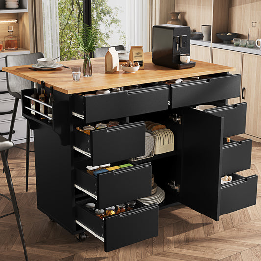 Gigab2b original image - Moderne Kücheninsel, Küchenschrank, Ausziehbarer Küchenwagen mit Rollen und Arbeitsplatte, Servierwagen mit Gewürzregal und 8 Schubladen, Schwarz
