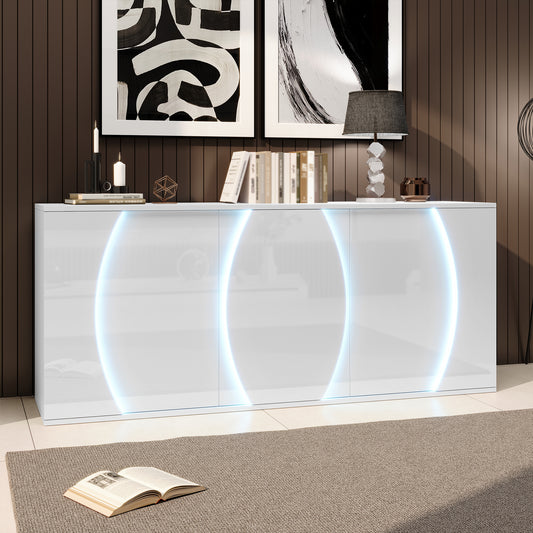 150 x 40 x 70 cm, Wohnzimmer-Sideboard,Hochglänzender Wohnzimmerschrank mit drei Türen,Aufbewahrungsschränke mit LED-Türen,Design-Schranktüren, weiß, Spanplatte.150 cm Breite