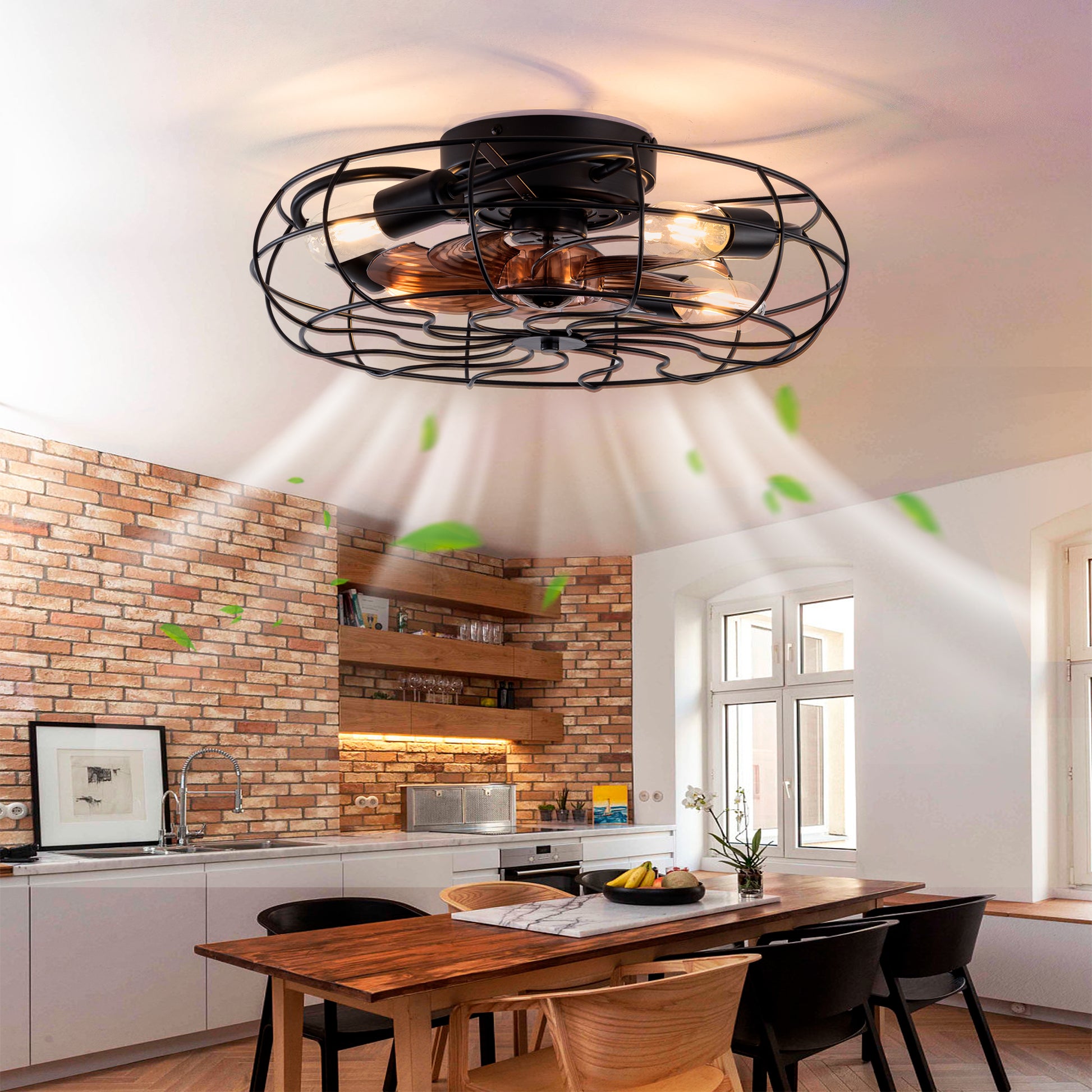 19 Zoll Niedrigprofil-Käfig-Deckenventilator mit Licht, 6-Gang umkehrbarer Motor, bündig montierter industrieller Deckenventilator mit Fernbedienung, schwarzer Bauernhaus-Deckenventilator für kleine R