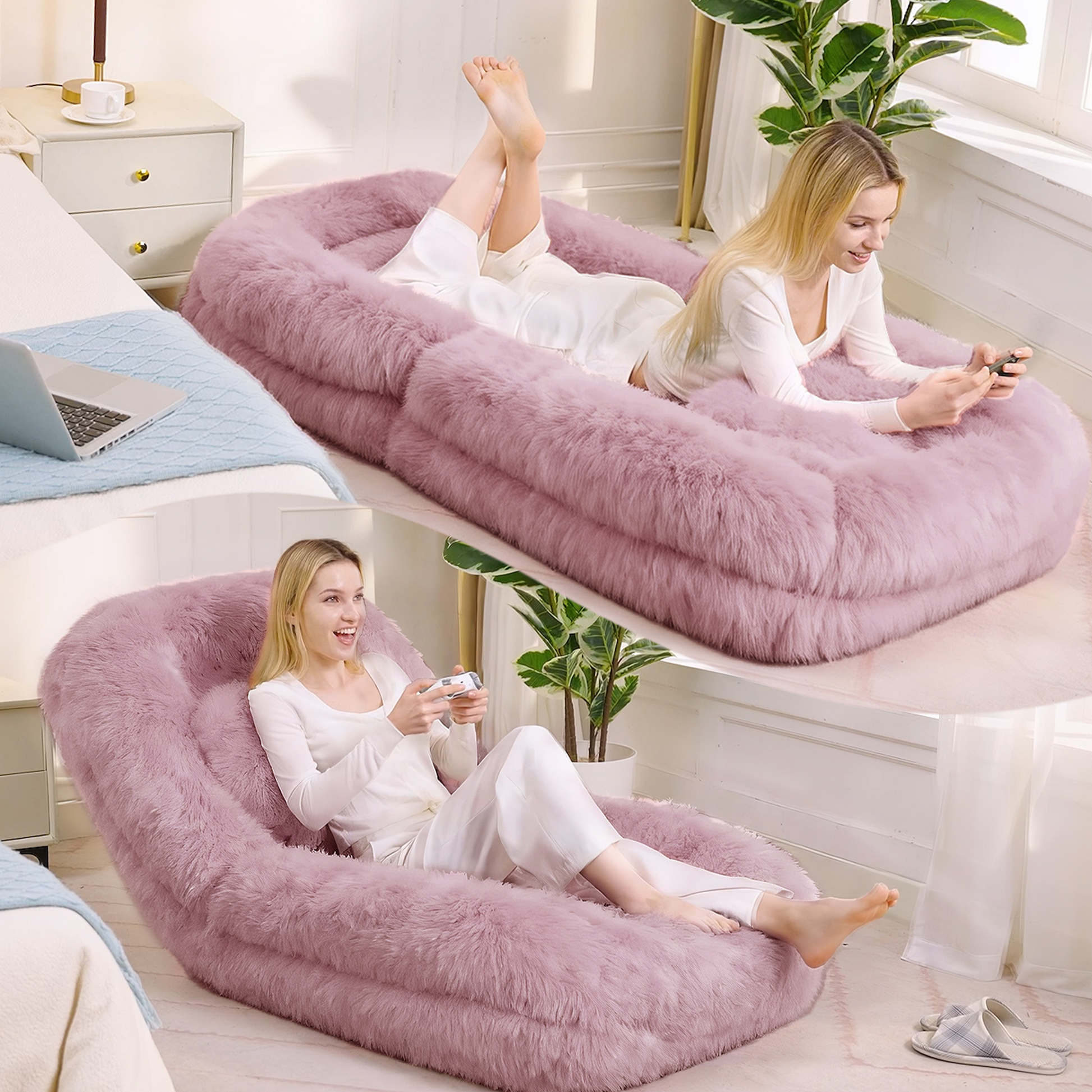 Gigab2b original image - [Neuankömmlinge] [Video bereitgestellt] Menschenhundebett, faules Sofa,5-stufiges verstellbares,Gaming-Stuhl auf Boden,Wohnzimmer, geeignet für Gaming,Meditation, Entspannung, Plüschstoff,Pink