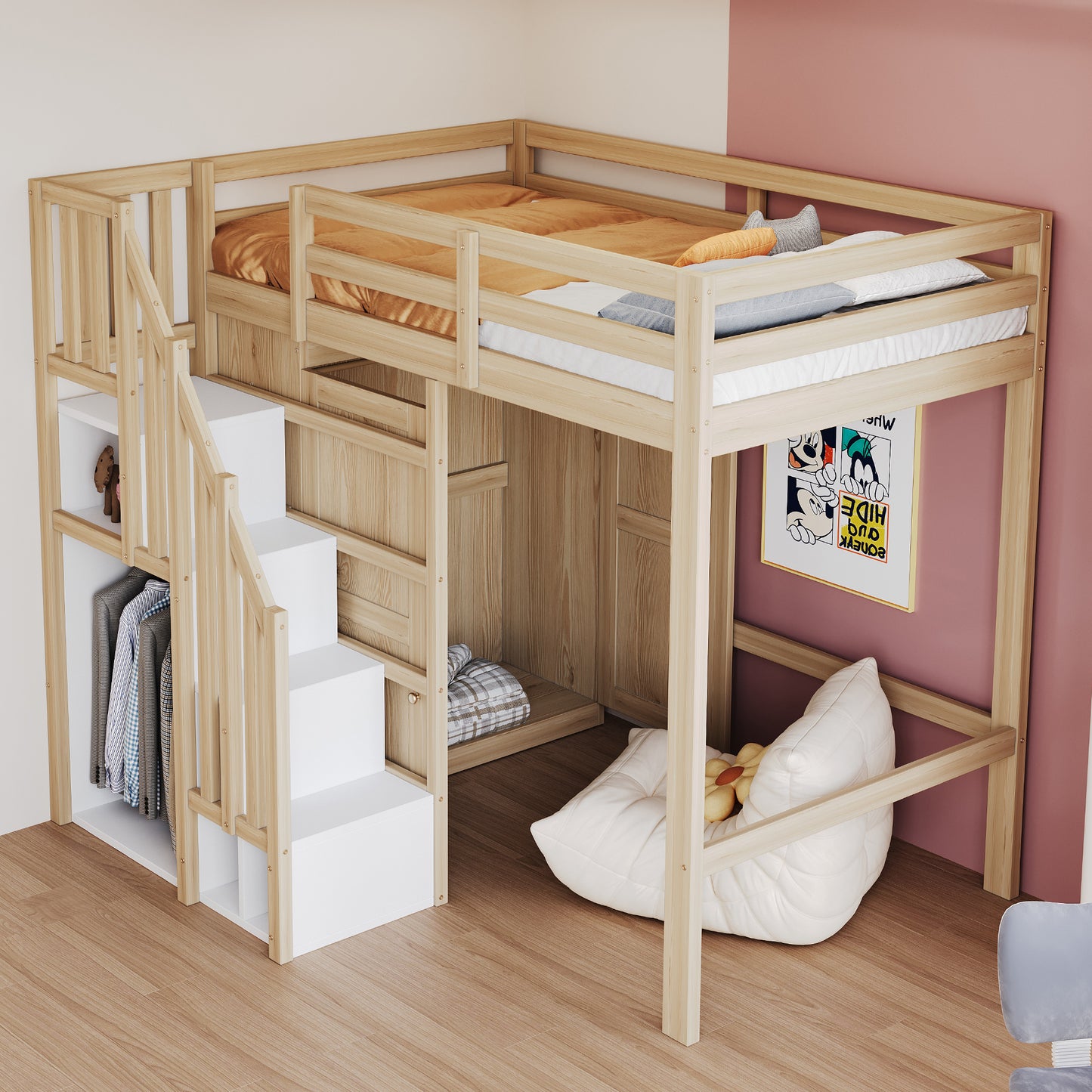 Gigab2b original image - Hochbett 90*200cm, Mit Stauraum-Sicherheits-Kletterleiter, Mit Stauraum-Kleiderschrank, Einzelbett Jugendbett Kinderbett, Massivholzrahmen Original Holzfarbe