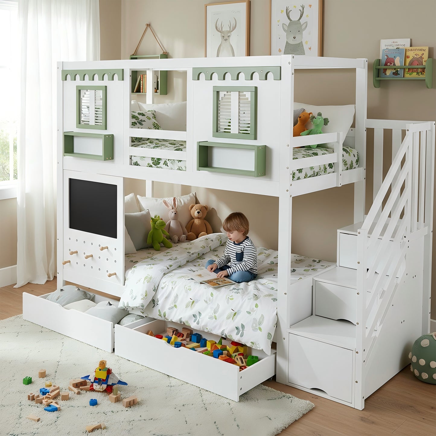 Gigab2b original image - Etagenbett, Kinderbett, Mit kleinem Lochbrett-Bereich + 5 mitgelieferten Holzhaken, Zwei Schubladen, Mit Treppenaufbewahrungs-Schrank, Kiefer + MDF + Sperrholz, Weiß+Grün, 90x200cm