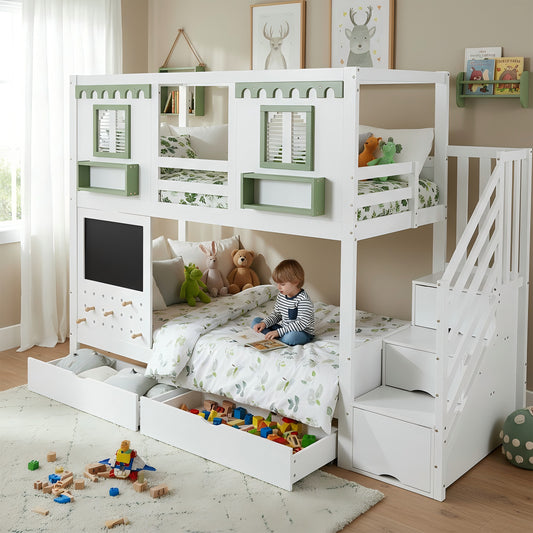 Gigab2b original image - Etagenbett, Kinderbett, Mit kleinem Lochbrett-Bereich + 5 mitgelieferten Holzhaken, Zwei Schubladen, Mit Treppenaufbewahrungs-Schrank, Kiefer + MDF + Sperrholz, Weiß+Grün, 90x200cm