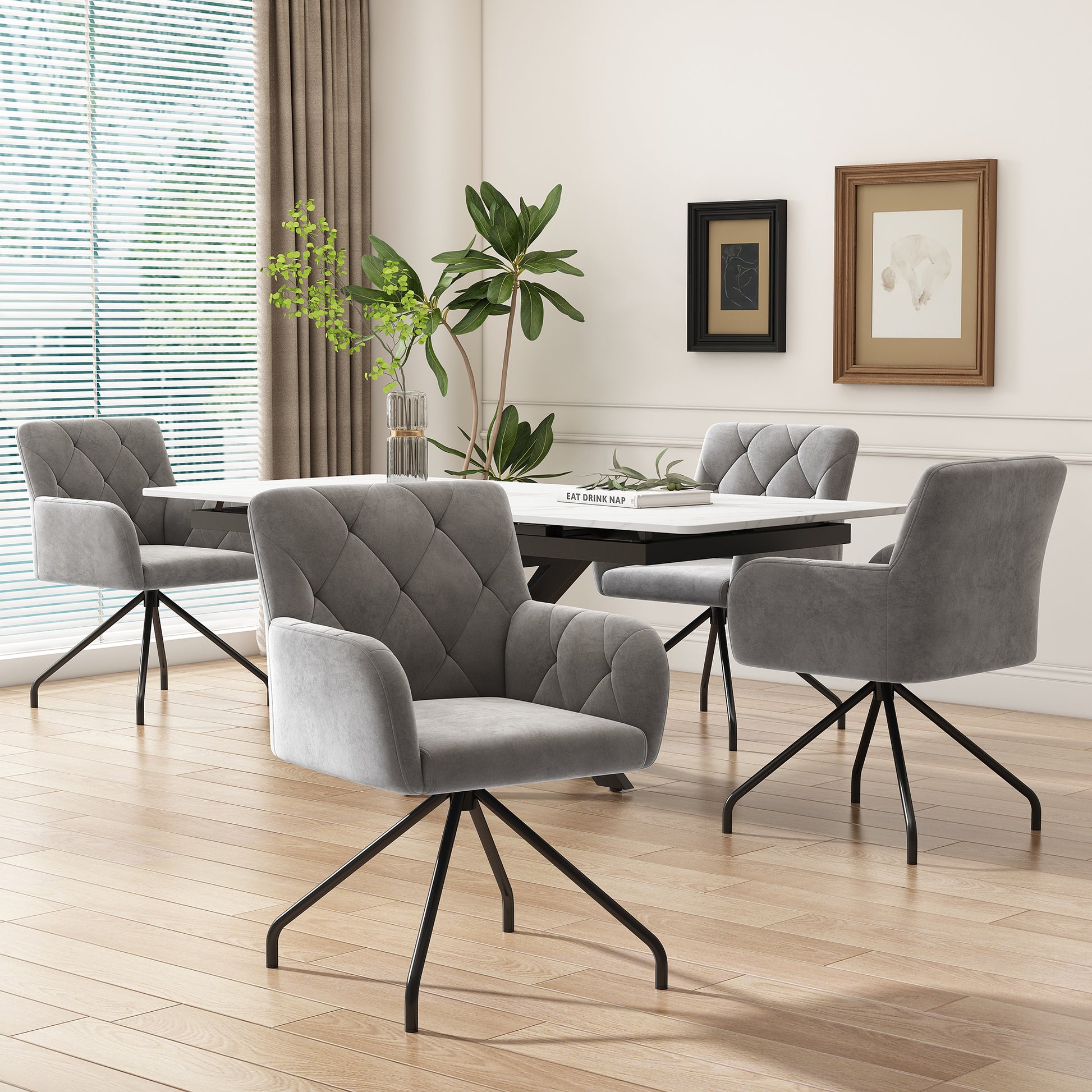 4er Set Esszimmerstühle mit Rautenmuster,Gepolsterter Sessel mit 4 Metallbeinen,Moderner Lounge-Stuhl,Wohnzimmerstuhl   für Shlafzimmer,Arbeitzimmer und Schreibtisch,Lendenwirbelstütze,Samt,hellgrau