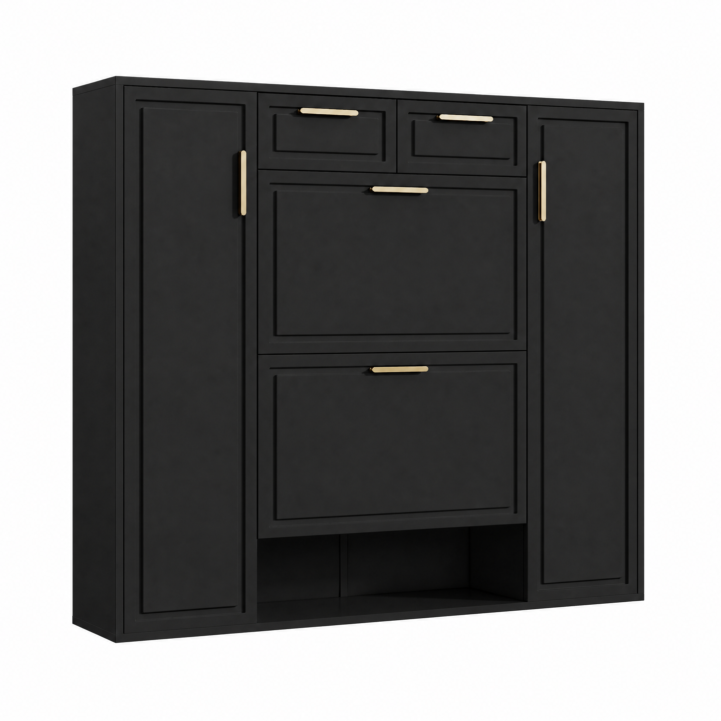 Moderne Schuhschrank, mit verstellbaren Regalen, goldenen Griffen, 2 Schubladen, Klappschuhschrank und 2 Türen, Schwarz, B120/D24/H107 CM