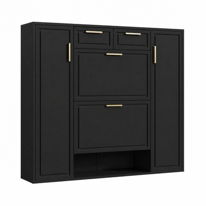 Moderne Schuhschrank, mit verstellbaren Regalen, goldenen Griffen, 2 Schubladen, Klappschuhschrank und 2 Türen, Schwarz, B120/D24/H107 CM