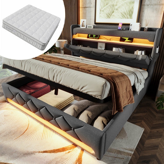 Gigab2b original image - Polsterbett Doppelbett 180*200, Stauraum Kopfteil mit USB und Typ C-Port ,360-Surround-LED-Funktion rund um Kopf- und Fußende des, Betten mit Hydraulisch Stauraum, Grau , Leinen(Mit Matratze)