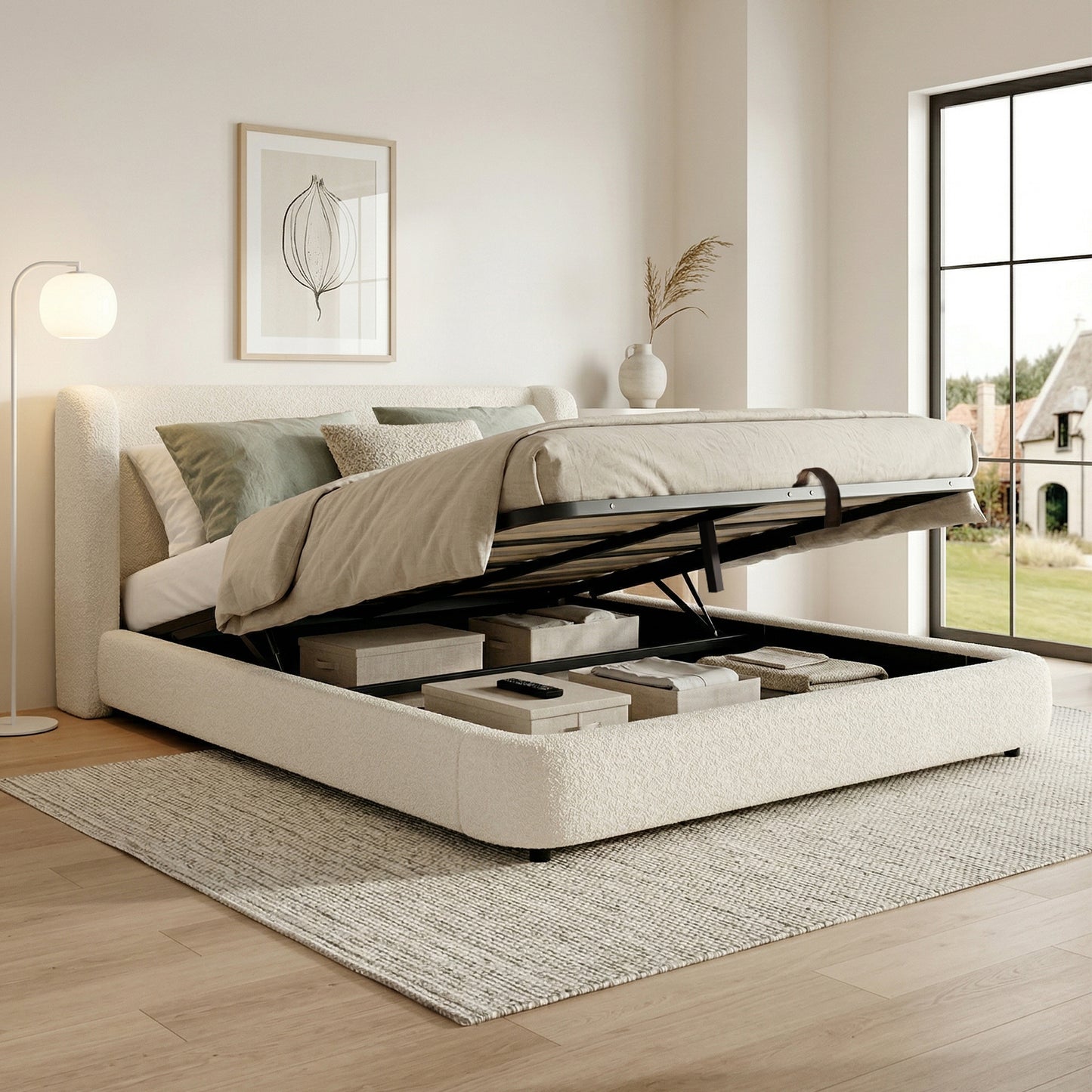 Polsterbett,Doppelbett,hydraulisches Funktionsbett,Bett mit Lattenrost, Kopfteil und  großem Stauraum, gepolstertes Kopfteil, Beige Bouclé, 180 x 200