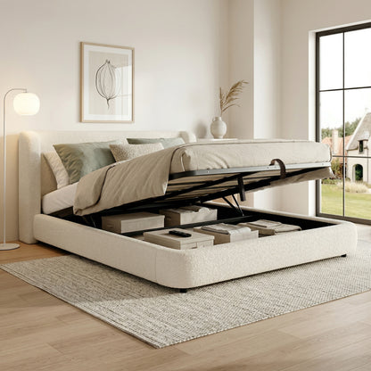 Polsterbett,Doppelbett,hydraulisches Funktionsbett,Bett mit Lattenrost, Kopfteil und  großem Stauraum, gepolstertes Kopfteil, Beige Bouclé, 180 x 200