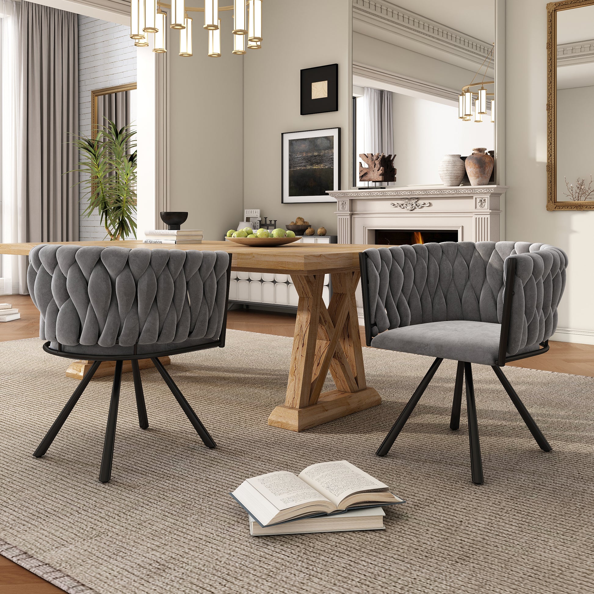 Gigab2b original image - Samt-Esszimmerstuhl, 2er set, einzelner heller Luxus-Wohnzimmer-Schlafzimmer-Drehstuhl, Freizeit-Drehstuhl mit vier Stützbeinen aus Metall, grau[OLD SKU:WF310494AAG]