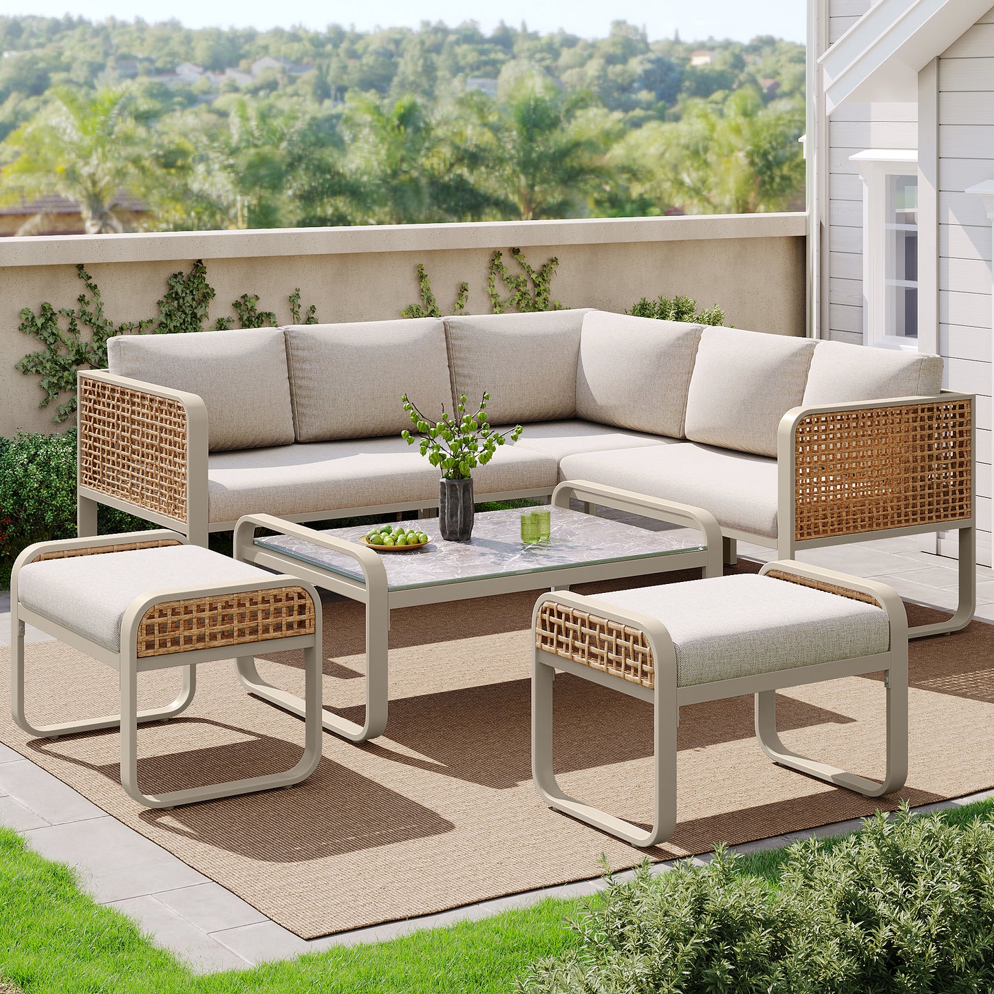 Gigab2b original image - Garten-Lounge-Set, Rattan-Möbel-Set für 6-7 Personen, Ecksofa mit verzinktem Eisengestell, verstellbare Beine, inklusive aller Sitz- und Rückenkissen, beige