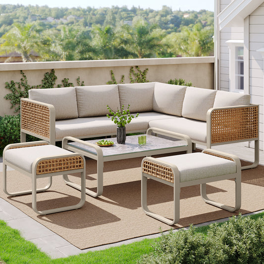 Gigab2b original image - Garten-Lounge-Set, Rattan-Möbel-Set für 6-7 Personen, Ecksofa mit verzinktem Eisengestell, verstellbare Beine, inklusive aller Sitz- und Rückenkissen, beige