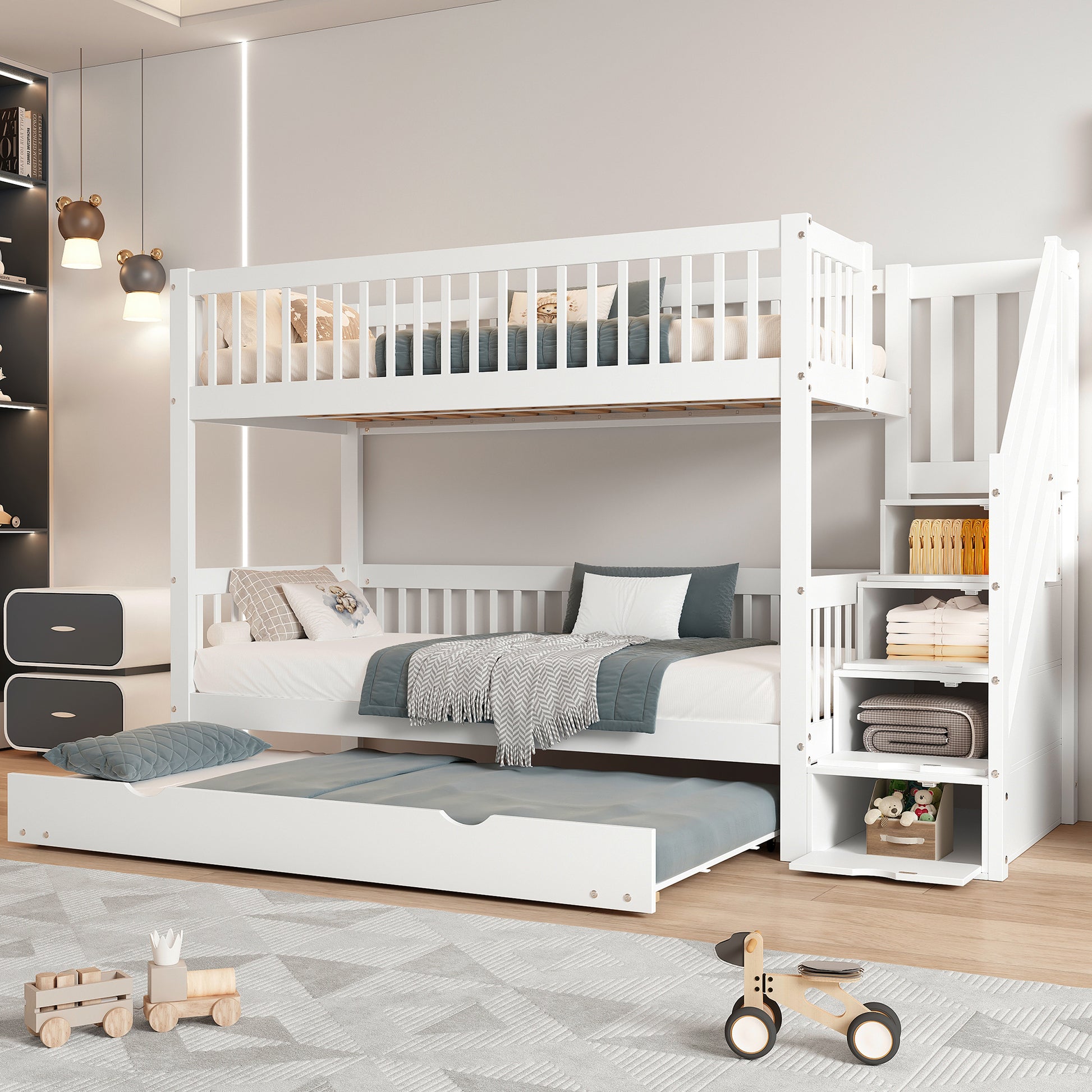 Gigab2b original image - [53133456WAA]Etagenbett mit Rollbett, Kinderbett mit Leiterschrank und Handlauf, mit Fallschutzgitter an allen Seiten, Kiefer+MDF, Weiß, 90x200/190cm [53133456WAA]