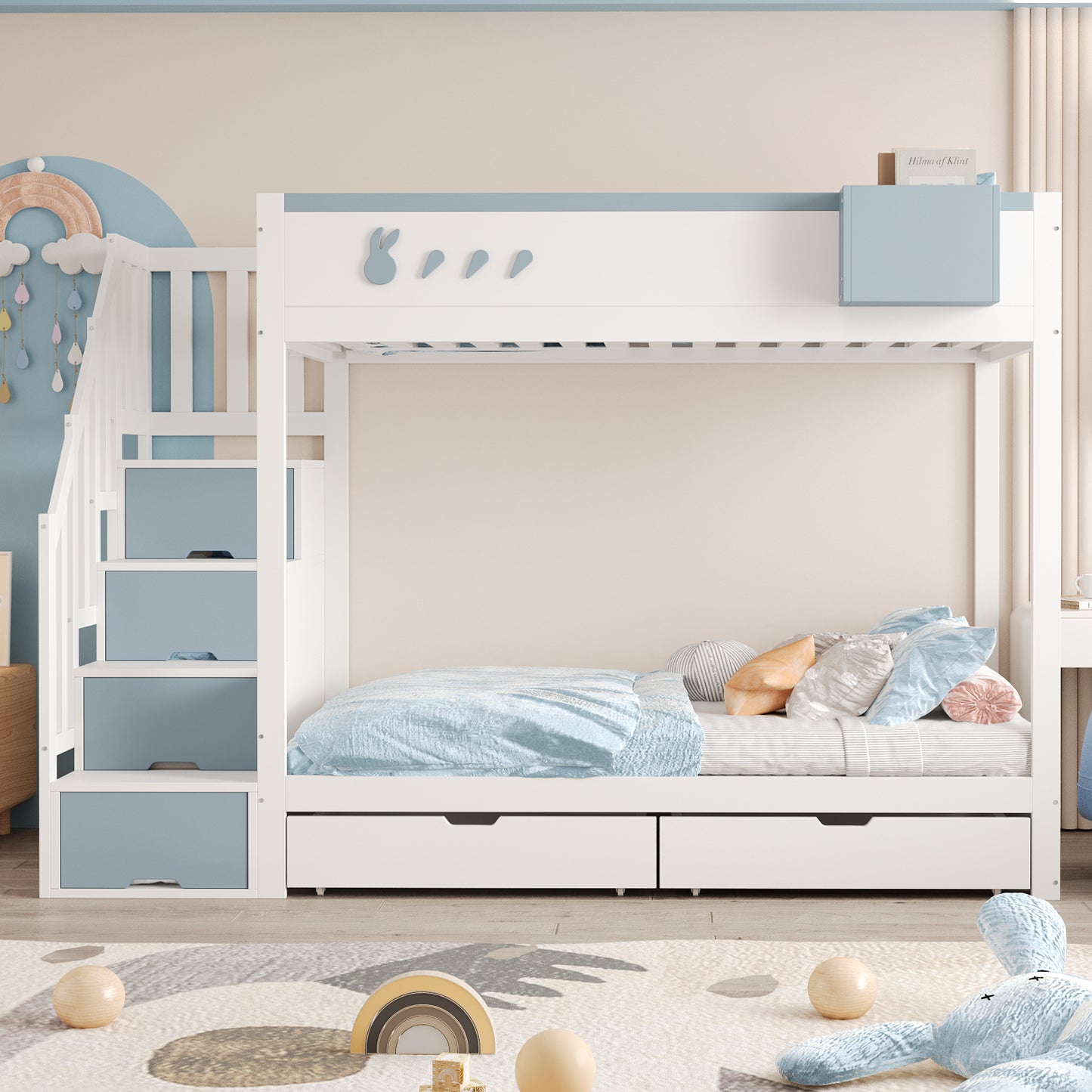 Gigab2b original image - Etagenbett Kinderbett 90*200 cm, Mit Kaninchen- und Karottenmotiven, Abnehmbarem Ablagefach, Sicherer Aufbewahrungsleiter, Schubladen, Lattenrost, Doppelbett, Weiß + Blau